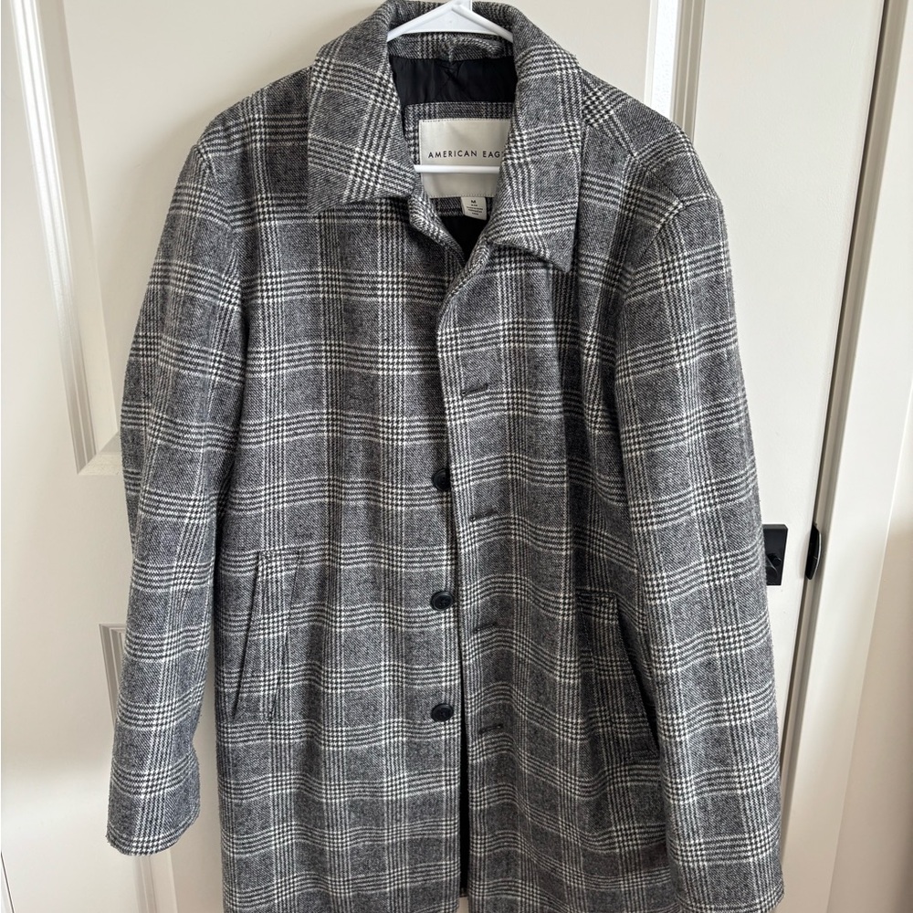 American Eagle Outfitters Men's Black and White Checkered Trench Coat